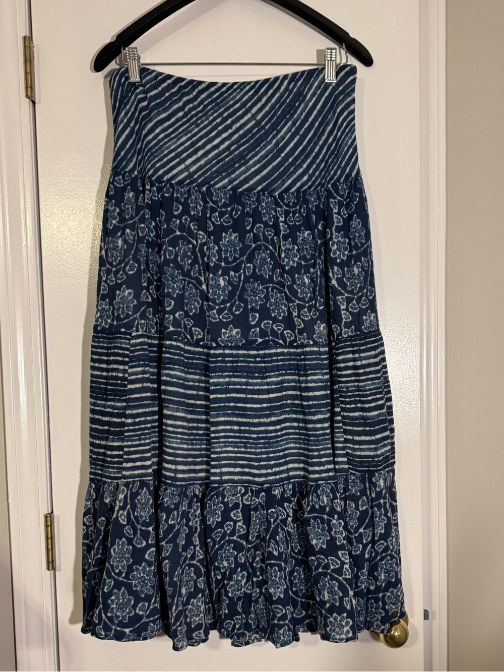 Chaps Navy Blue Printed Tiered Maxi Skirt boho western 100% cotton